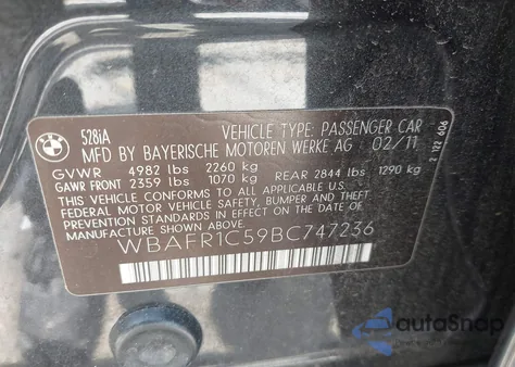 2011 BMW 528I from USA, damaged, VIN WBAFR1C59BC747236